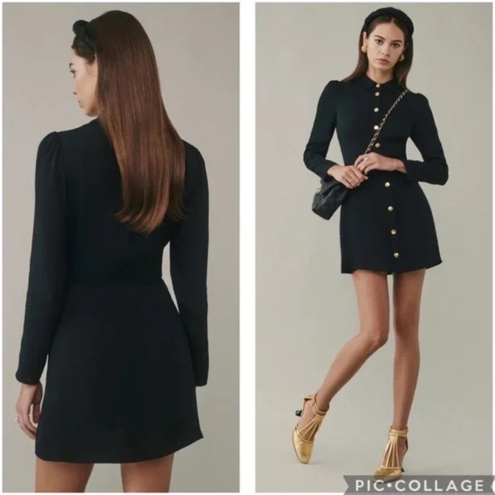 Black REFORMATION long sleeved button-down collared mini dress